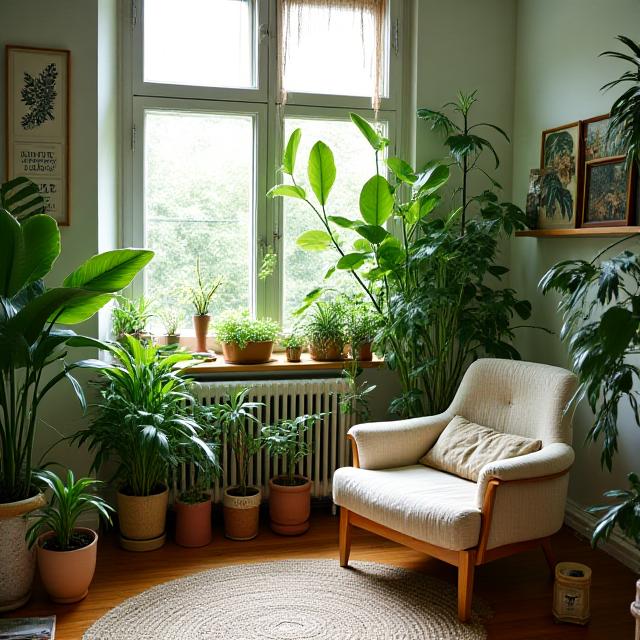 Angolo di una casa arredato con piante da interno di varie dimensioni.