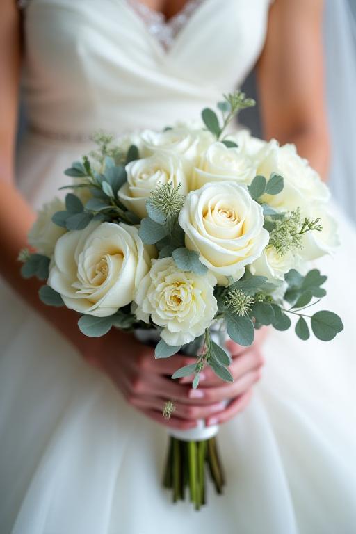 Bouquet da sposa con rose bianche e eucalipto.